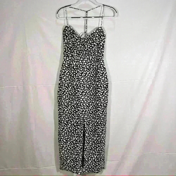 ZARA Black White Daisy Micro Floral Flower Print Linen Blend Midi Dress Sz L - Picture 4 of 15